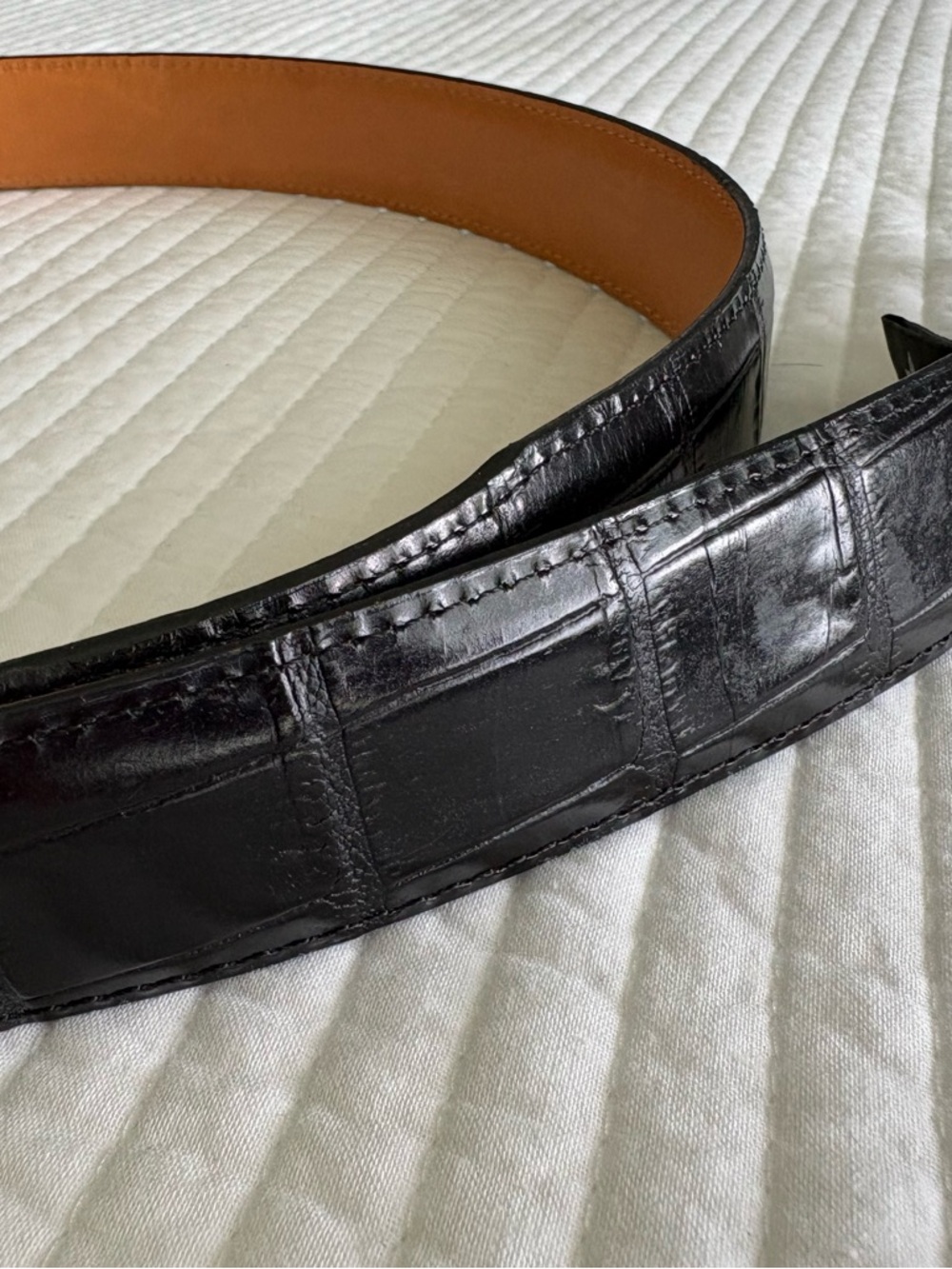 Onyx by Brighton Men's Black Croc-Embossed Leather Belt  Tan Lining Size 42